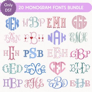 Peut inclure: Une collection de 20 polices de monogrammes dans différents styles et couleurs, dont le bleu, le rose et le vert. Le texte "20 MONOGRAM FONTS BUNDLE" est affiché en haut. L'image comprend le texte "Only DST".