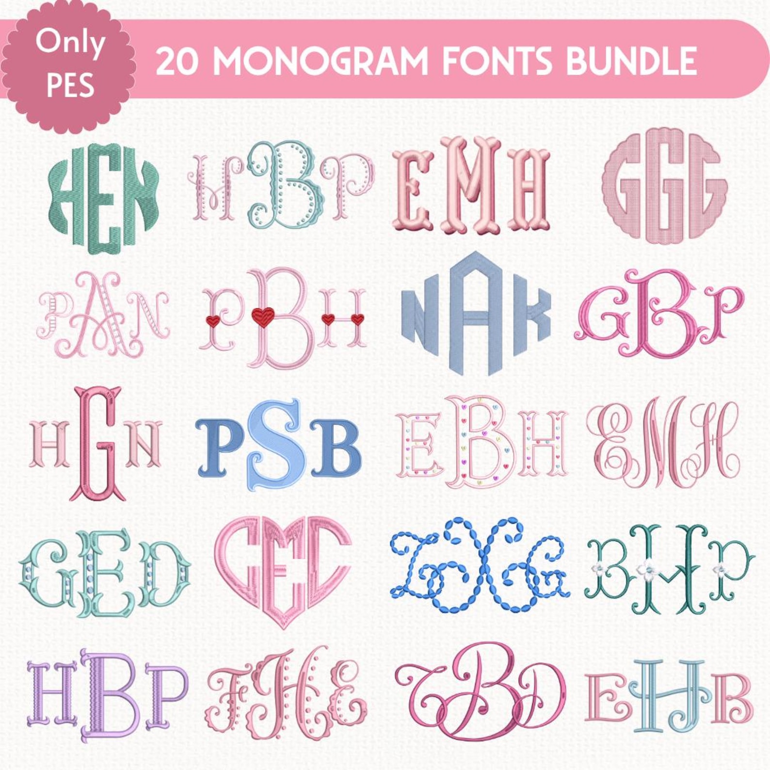 Fancy Script Monogram Font Rms 20 PES Monogram Fonts Bundle, Embroidery Alphabet Bundle, Fancy Script ...