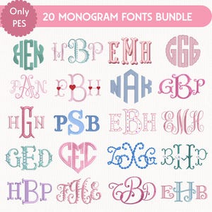 Pode incluir: Uma coleção de 20 fontes de monogramas em vários estilos e cores, incluindo verde-azulado, rosa e azul. O texto "20 MONOGRAM FONTS BUNDLE" é exibido no topo. A imagem apresenta diferentes combinações de letras.