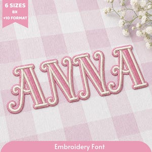 Puede incluir: Un diseño de bordado que muestra el nombre ANNA en una fuente decorativa con costuras rosas y contornos blancos. Una pancarta rosa en la esquina superior izquierda muestra el texto 6 SIZES BX +10 FORMAT, y una pancarta rosa inferior dice Embroidery Font.