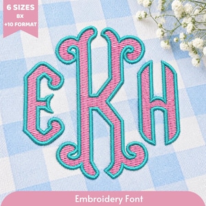 May include: An embroidered monogram featuring the letters EKH in pink with a bright teal outline. The design is stitched onto a light blue and white checkered fabric. A pink banner in the top left corner displays the text 6 SIZES BX +10 FORMAT.