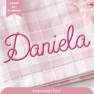 Könnte beinhalten: Ein rosa-weiß karierter Stoff mit dem Namen "Daniela" in einer Schreibschrift gestickt. Der Text "6 Sizes 8X + 10 Format" befindet sich in der oberen linken Ecke. Die Worte "Embroidery Font" stehen unten.