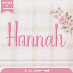 Op de afbeelding: Een borduurontwerp met de naam Hannah in een roze cursief lettertype, vergezeld van een bloemmotief van roze rozen en groene bladeren op een wit en beige geruite stoffen achtergrond, met de tekst 6 SIZES BX +10 FORMAT.