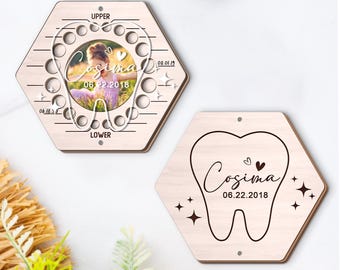 Personalized Wooden Baby Teeth Keepsake Box with Name, First Haircut Tooth Fairy Box with Photo, Custom Name& Date Memory baby tooth  Holder