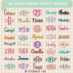 May include: A digital collection titled 40 MONOGRAM FONTS BUNDLE featuring a grid of various embroidered-style alphabet letters, monograms, and names in diverse colors, fonts, and decorative patterns, including 11 FORMAT + BX text at the bottom.
