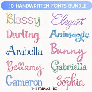 May include: A digital graphic showcasing ten handwritten fonts in diverse colours. The fonts include "Blessy," "Elegant," "Darling," "Animagic," "Arabella," "Bunny," "Bellamy," "Gabriella," "Cameron," and "Sophia." The text "10 HANDWRITTEN FONTS BUNDLE" is at the top.