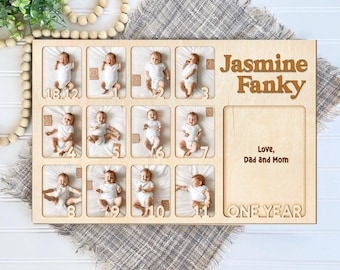 Baby Birthday Photo Board, Baby Picture Frame, Keepsake for Birth through One Year, Nursery Decor Craft, Birthday Decorations Photo Banner