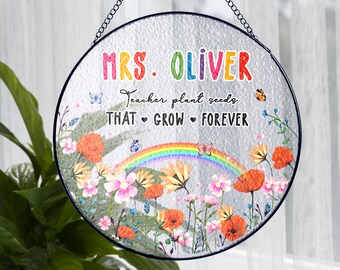 Stained Glass Teacher Floral Sign Suncatcher, Teacher Plants Seeds, Appreciation Gift From Student, Window Hanging Classroom, Back To School