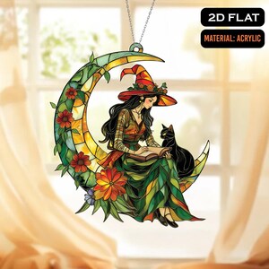 Witch Black Cat On The Moon Halloween Gothic Suncatcher, Witch And Moon Acrylic Window Hangings, Witchy Gothic Fall, Flying Witch Ornament