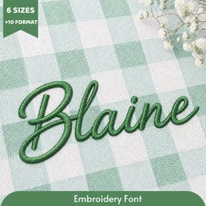 May include: A digital embroidery design featuring the name Blaine in a dark green cursive script font, centred on a light green and white gingham checkered fabric background, with small white flowers in the corner and text reading 6 SIZES +10 FORMAT.