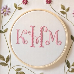 May include: A white fabric embroidery hoop with the pink embroidered letters "KHM". The letters are in a decorative font. The hoop is surrounded by embroidered flowers and leaves in pink and green.
