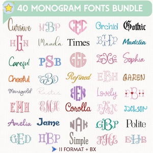 May include: An image showcasing a bundle of 40 monogram fonts. The fonts are displayed in various styles, including cursive, serif, and decorative designs. The text "40 MONOGRAM FONTS BUNDLE" is at the top, with "II FORMAT + BX" at the bottom.
