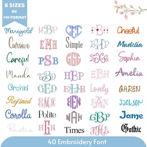 May include: A digital display of 40 embroidery fonts and monogram styles in various colours and scripts. The image includes text reading 6 SIZES BX +10 FORMAT and 40 Embroidery Font, showcasing diverse lettering designs for machine embroidery projects.