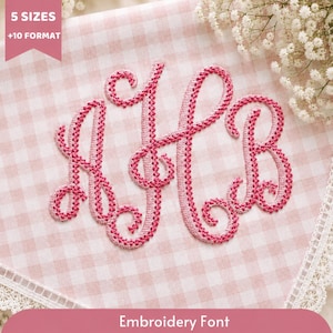 May include: A pink and white gingham fabric featuring a centred, ornate, pink embroidered monogram of the letters A, H, and B. The fabric edge is finished with a white lace trim. Text in the corner reads 5 SIZES +10 FORMAT and Embroidery Font.