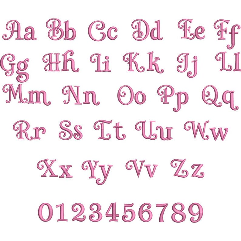 Pink Monogram Cursive Satin Monogram Embroidery Font , Pink Script Alphabet, Elegant Curl ...