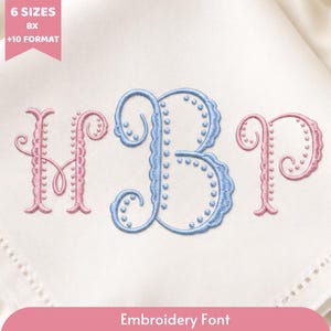 May include: An embroidery font featuring the letters HBP in a decorative style. The letters are in pink and blue, with a dotted pattern and a scalloped edge on the letter B. The text "Embroidery Font" is at the bottom.