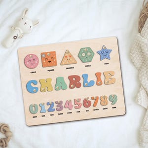 Personalized Wooden Name Puzzle with Shapes & Numbers – Montessori Learning Toy for Toddlers, Custom Educational Gift for Kids, Toddler Toys