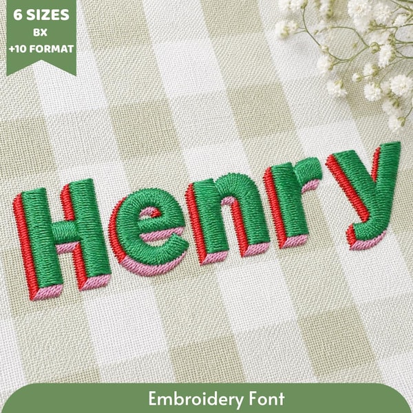 Può includere: Un disegno da ricamo che mostra il nome Henry in un carattere verde con ombre rosse e rosa. Il testo 6 SIZES BX +10 FORMAT è visibile nell'angolo in alto a sinistra. Il disegno è mostrato su un tessuto a quadri verde chiaro e bianco.