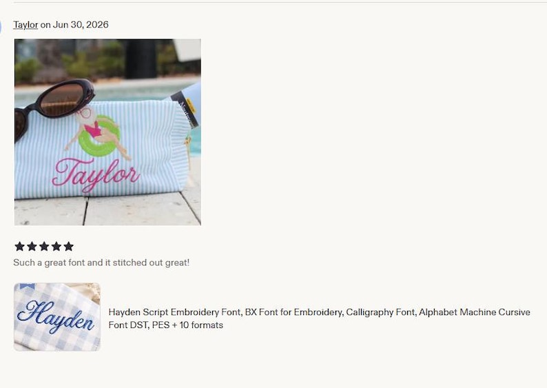 May include: A light blue and white striped zippered pouch featuring an embroidered design of a person in a pink swimsuit floating in a green inner tube, with the name Taylor stitched in pink cursive script, alongside dark brown sunglasses.