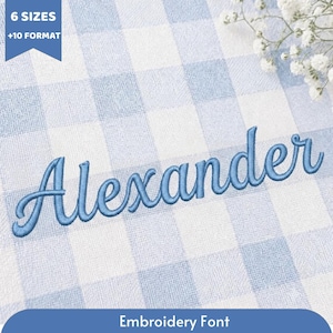 May include: An embroidery font design featuring the name Alexander in blue script lettering on a light blue and white gingham fabric background. The image includes text stating 6 SIZES + 10 FORMAT and Embroidery Font at the bottom.