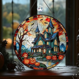 Halloween Spooky Home Stained Glass Suncatcher, Spooky Ghost Pumpkin Decor Window Hanging, Spooky Season Creepy Suncatcher, Halloween Decor