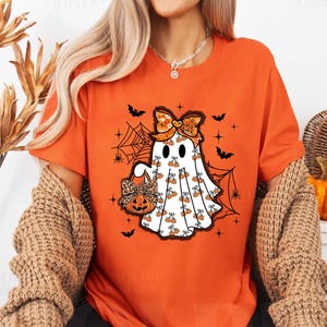 Cute Ghost Halloween Shirt, Pumpkin Bow Spooky Season Tee, trick or treat Graphic Shirt, Fall Aesthetic Pumpkin T-Shirt
