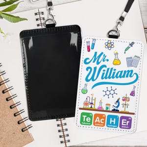 Porta credencial de profesor STEM personalizado con nombre, tarjeta con cordón con temática de química personalizada, regalo para profesor con la tabla periódica