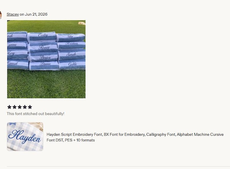 May include: A stack of blue and white striped towels, each embroidered with a different name in a cursive script font. A separate close-up shows the name Hayden stitched in blue thread on a light blue and white checkered fabric background.