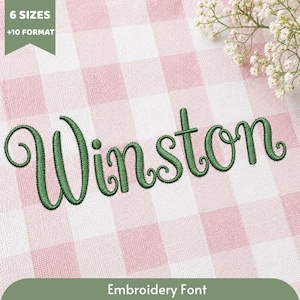 Pode incluir: Um design de bordado apresentando o nome Winston em uma fonte cursiva verde, costurado em um tecido xadrez vichy rosa claro e branco. A imagem inclui uma etiqueta verde indicando 6 SIZES +10 FORMAT e um pequeno grupo de flores brancas.