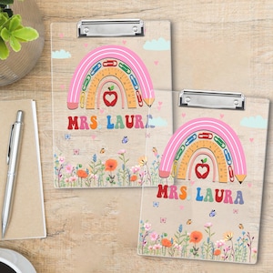 Personalized Floral Teacher Clipboard with Name, Custom Crayon Teacher Clipboard, Back To School Teacher Supplies, Colorful Clipboard