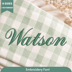 Puede incluir: Una tela de cuadros vichy en verde claro y blanco con el nombre Watson bordado en letra cursiva verde oscuro. La tela tiene una textura tejida visible e incluye una etiqueta verde en la esquina con el texto 6 SIZES +10 FORMAT.