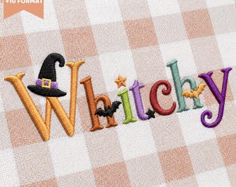 May include: An embroidery design featuring the word Witchy in multi-colored letters on a light pink and white gingham fabric. The letter W is topped with a black witch hat, while small black bats, a star, and a moon accent the lettering.