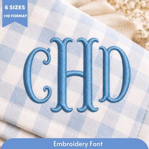 May include: A light blue and white gingham fabric featuring a centered, dark blue embroidered monogram with the letters CHD. A blue banner in the top left corner displays the text 6 SIZES +10 FORMAT, and a blue banner at the bottom reads Embroidery Font.