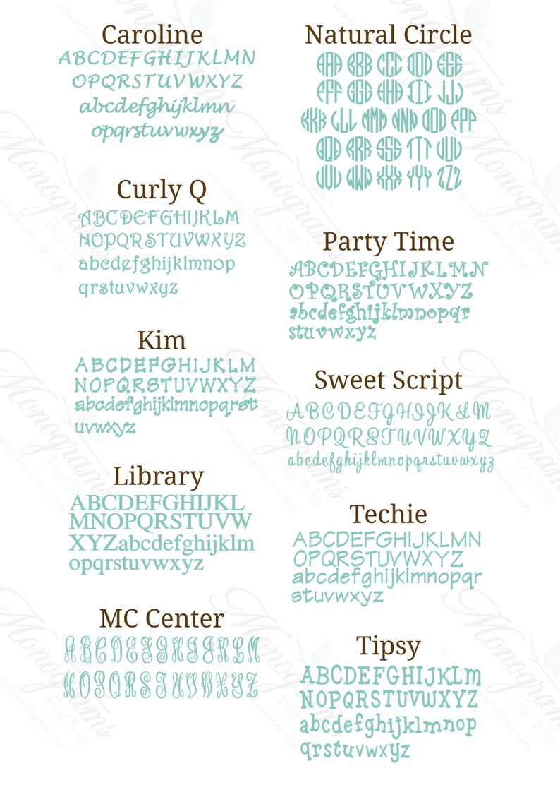 May include: A digital font reference chart displaying ten distinct typeface styles in light blue text on a white background. The styles include Caroline, Natural Circle, Curly Q, Party Time, Kim, Sweet Script, Library, Techie, MC Center, and Tipsy.