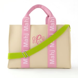 Personalized Large Mahjong Canvas Tote - Light Pink Trim
