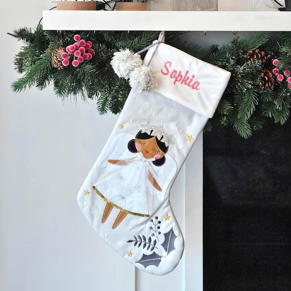 Personalized Dark Hair Angel Christmas Stocking // Embroidered Children's Holiday Stocking // Customized Stephen Joseph Stocking