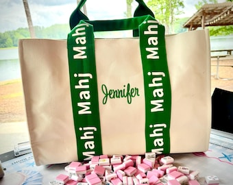 Personalized Large Mahjong Canvas Tote - Kelly Green Trim
