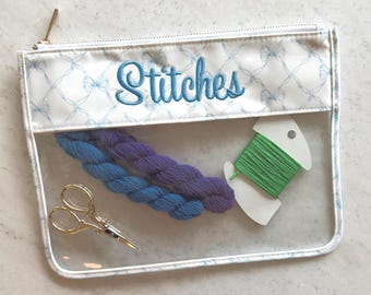 Needlepoint Kit Bag, Cross Stitch Project Pouch, Sewing and Embroidery Organizer, NDLPT Bag - Blue Bow, Personalized Gift