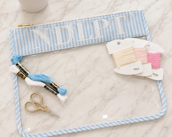 Extra Large Needlepoint Project Pouch, Needlepoint Thread Cross Stitch Vinyl Bag, Sewing and Embroidery Organizer, NDLPT bag - Blue Stripe