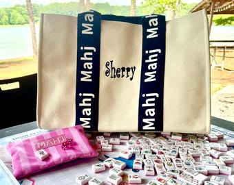 Personalized Large Mahjong Canvas Tote - Navy Trim Mahjong Accessory Bag