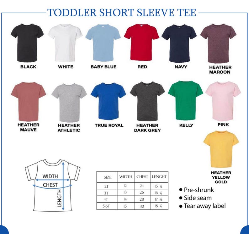 以下が含まれることがあります： 幼児用半袖Tシャツのカラーバリエーションを示すチャートです。チャートには、黒、白、ベビーブルー、赤、紺、ヘザーマロン、ヘザーモーブ、ヘザーアスレチック、トゥルーロイヤル、ヘザードークグレー、ケリー、ピンク、ヘザーイエローゴールドなど、12色が含まれています。チャートには、幅、胸囲、着丈の寸法がインチで示されたサイズ表も含まれています。