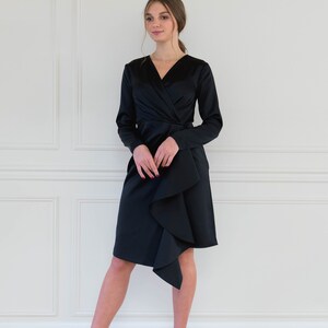 SATIN SILK Long Sleeve Black Wrap DRESS, Minimalist Casual Wear Simple and Stylish Unique Dress Gift for Women
