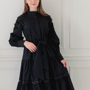 Women’s BLACK Midi LACE DRESS, Elegant Long Sleeve Soft and Stylish Formal Wear Casual Dress for Her