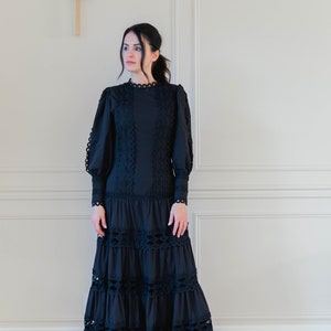 Black LACE Bohemian MAXI DRESS, Women’s Embroidery Lace Patchwork & a Line Long Sleeve Maxi Dress