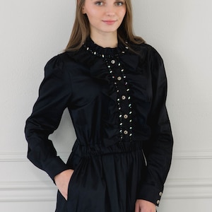 Women’s BLACK MAXI Unique DRESS, Elegant Long Sleeve and Ruffle Design Comfortable Casual Dress for Her