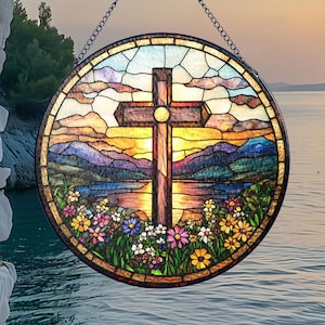 Christian Cross Wildflowers Glass Suncatcher, Jesus Suncatcher, Christian Glass Windows Hanging, Cross Gift For Religious,Christian Ornament