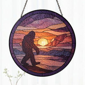 Bigfoot Sunset Glass Suncatcher, Beach Lover Gift, Sasquatch Walking Art Panel, Mythical Creature Window Hanging, Summer Ornament for Home