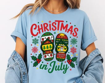 Christmas in July Shirt, Flip Flops and Christmas Holiday, Funny Summer Christmas Tee, Tropical Beach Xmas T-Shirt for Family Vacation Look