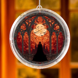 Gothic King Halloween Lamp, Acrylic Hanging Light, Fantasy Halloween Bats Scene, Stained Glass Style Night Light, Spooky Moonlit Wall Art