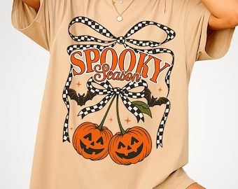 Checkered Bow Pumpkin Halloween Shirt, Girly Spooky Season Tee, Cute Fall Aesthetic Shirt, Preppy Halloween T-Shirt for Women and Teens